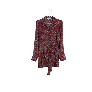 Foxcroft Shirt Womens 8 Red Paisley Belted Button Front Tunic‎ Top Long Sleeve